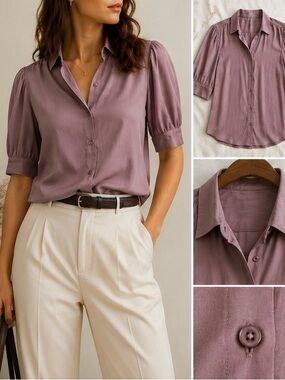 DKNY Mauve Satin Short Puff Sleeve Button Down Blouse Top Large